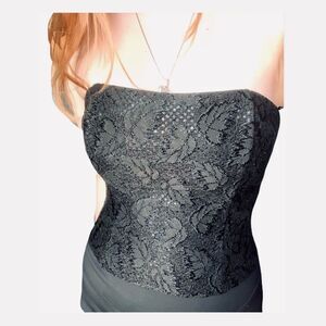 Jessica McClintock Vintage Black Leaf Pattern Lace Sequin Corset Zipper Size 12